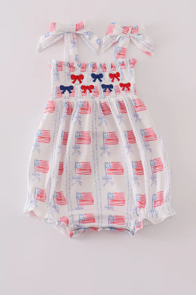 Bow Embroidered Smocked Bubble