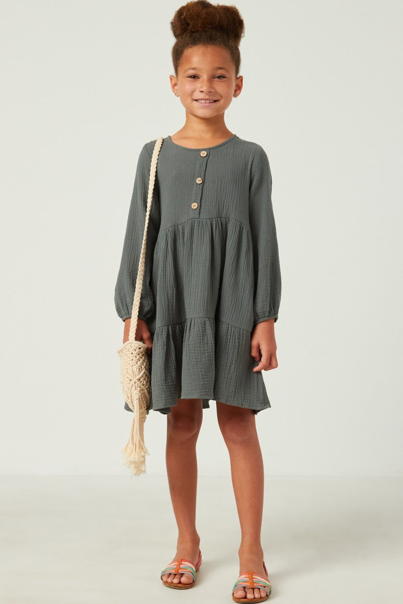 Button Detail Tiered Round Neck Dress