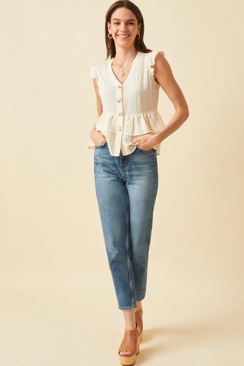 Womens Button-Down Tiered Ruffle Hem Top Peplum