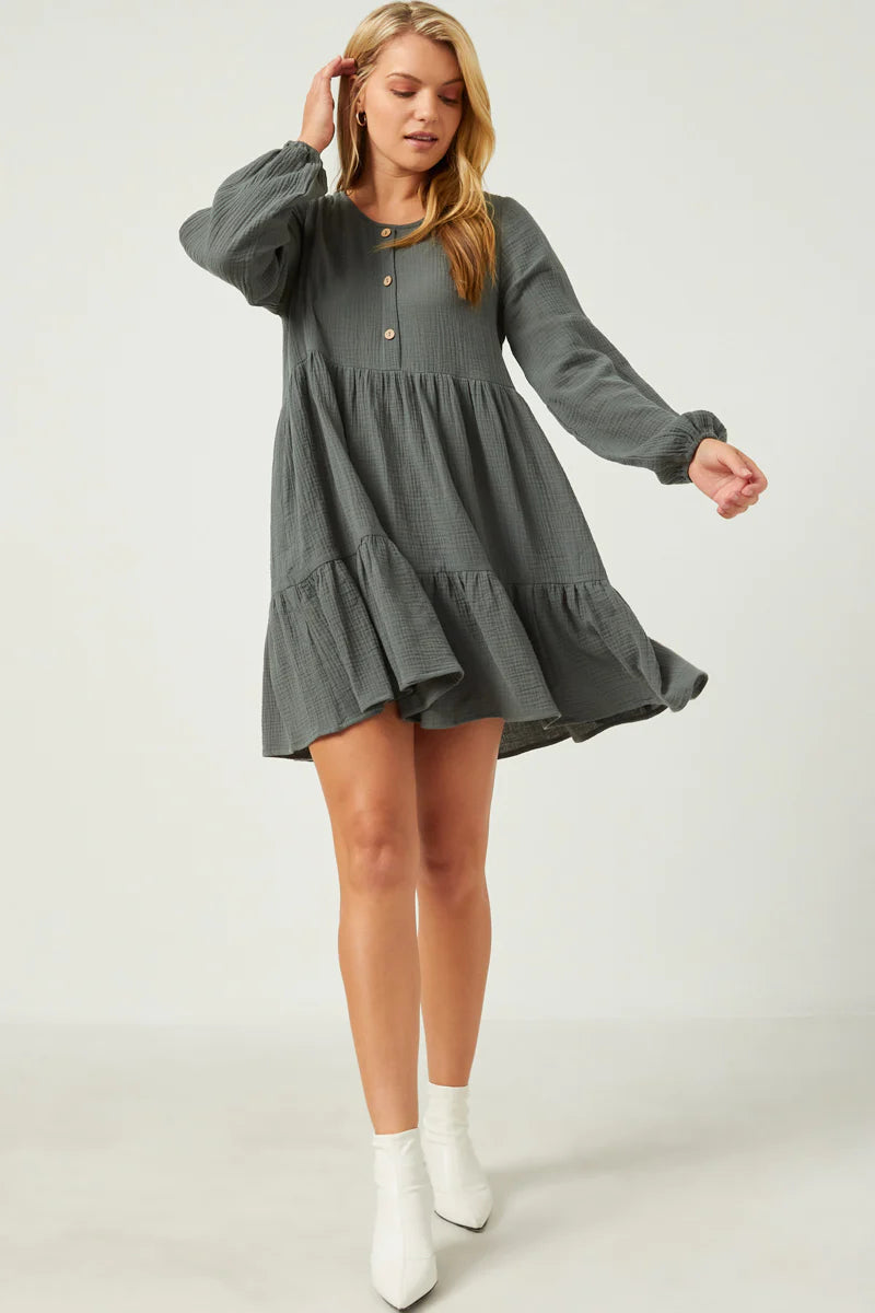 Womens Button Detail Tiered Round Neck Dress