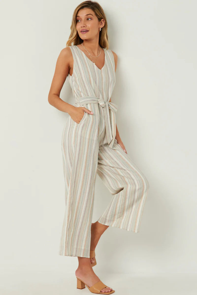 Womens Multi Stripe V Neck Sleeveless Belted Jumpsuit