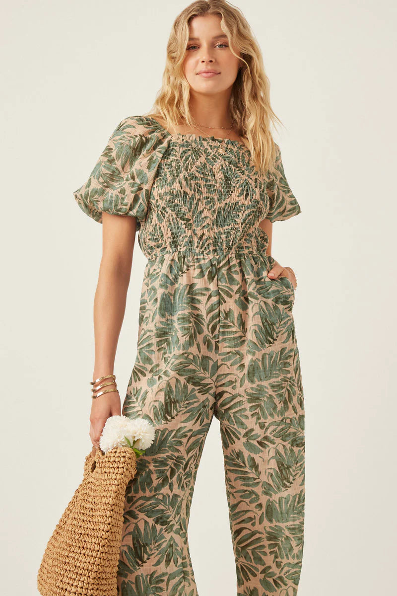Womens Tropical Leaf Print Smocked Puff Sleeve Jumpsuit
