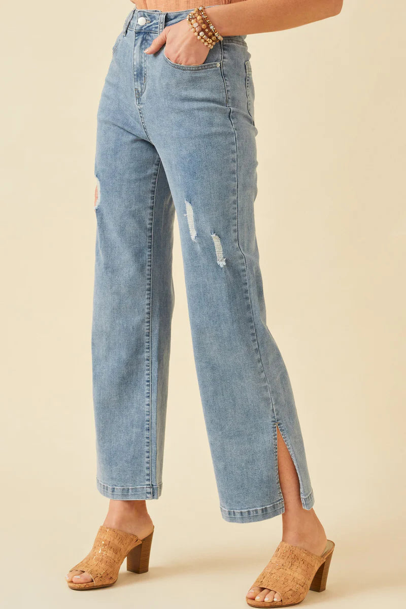 Womens Side Slit Distressed Bootcut Stretch Denim