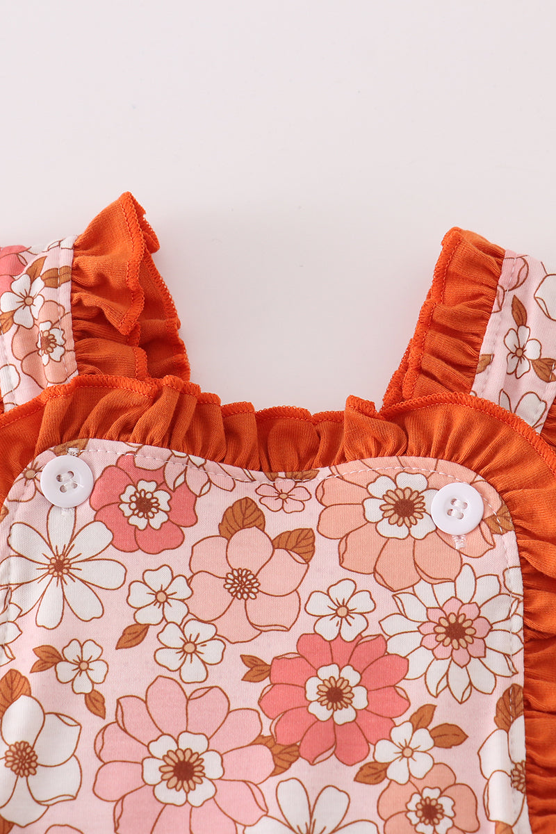 Orange Floral Print Girls Romper