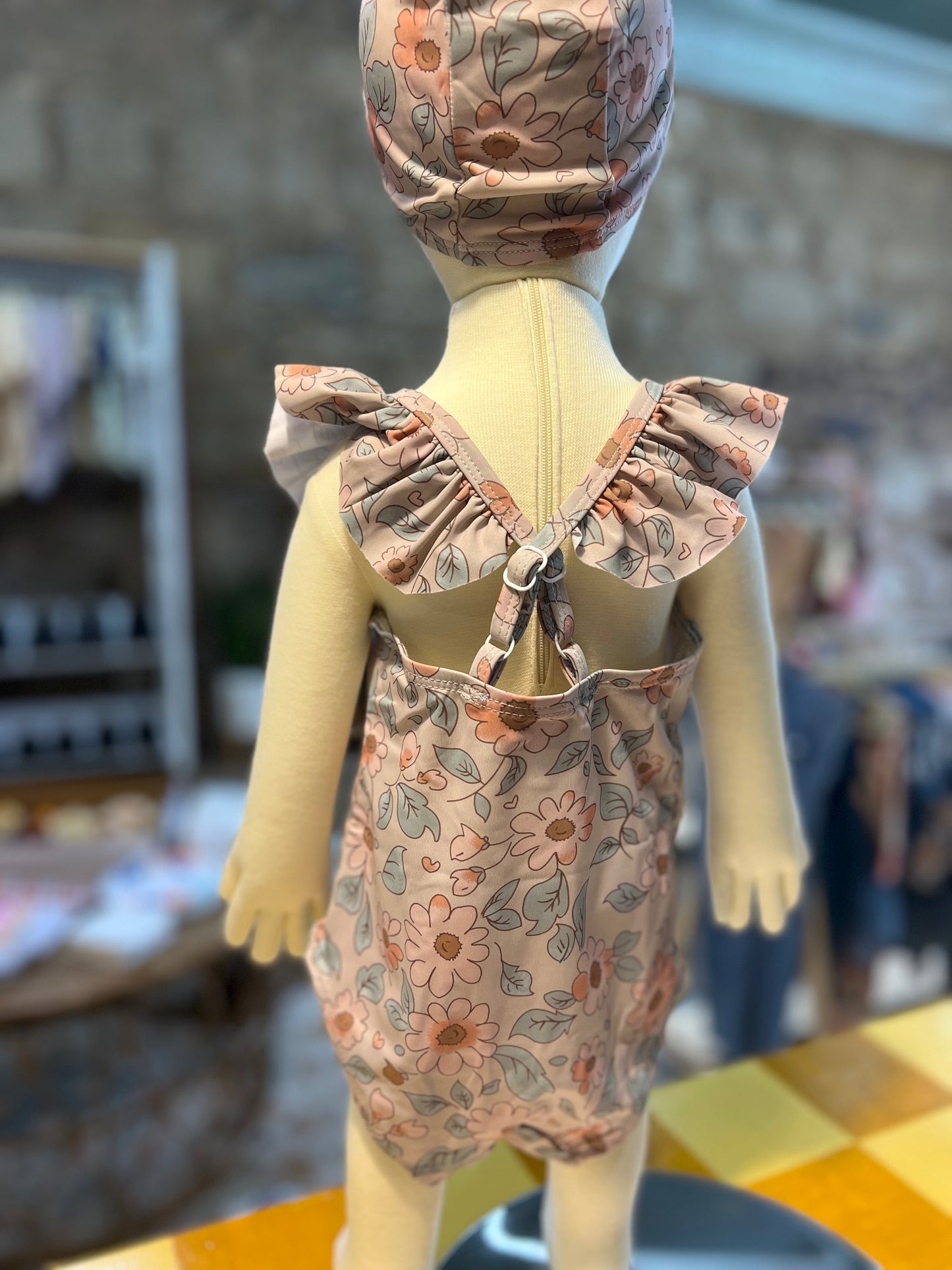 Floral Ruffle Backless One-Piece Swimsuit and Swim Cap - That's So Darling