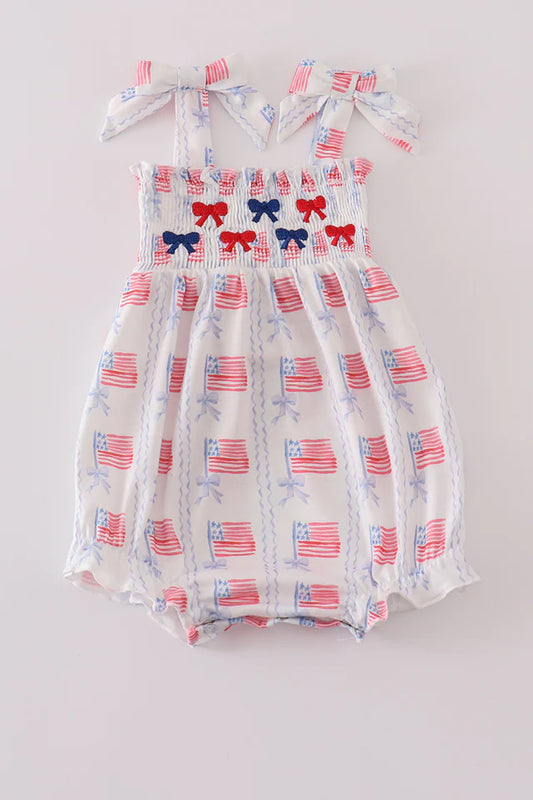 Bow Embroidered Smocked Bubble