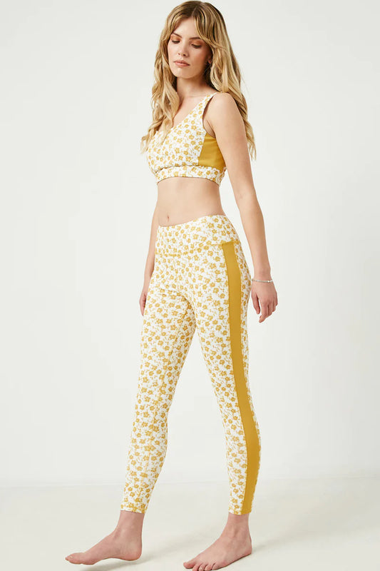 Womens Stripe Floral Print Active Leggings