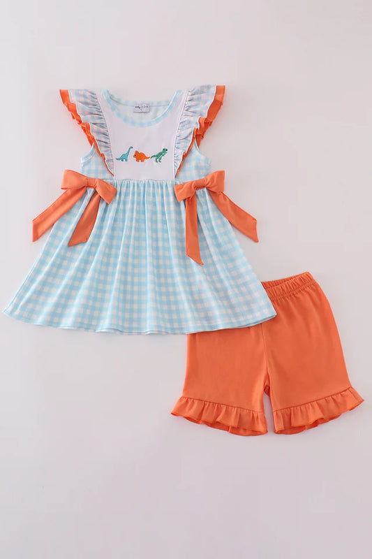 Blue Dinosaur Embroidered Gingham Set
