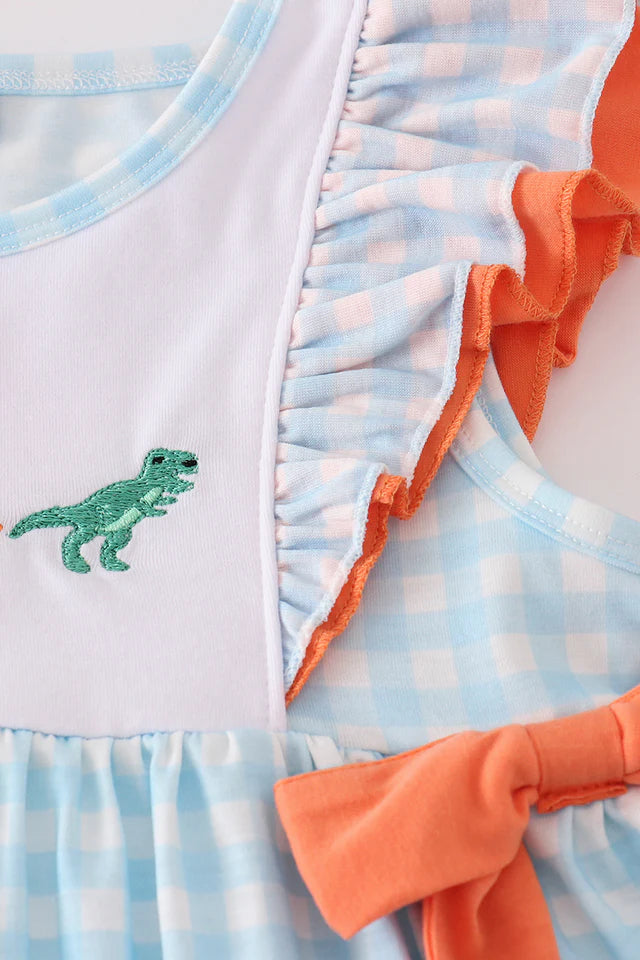 Blue Dinosaur Embroidered Gingham Set