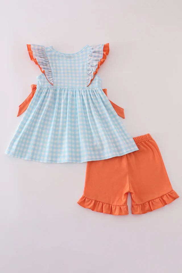 Blue Dinosaur Embroidered Gingham Set