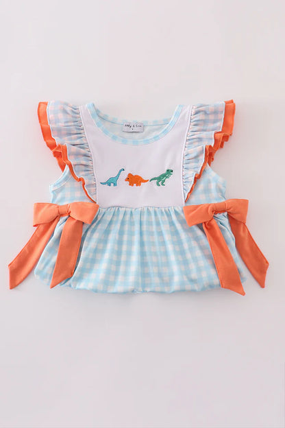 Blue Dinosaur Embroidered Gingham Set