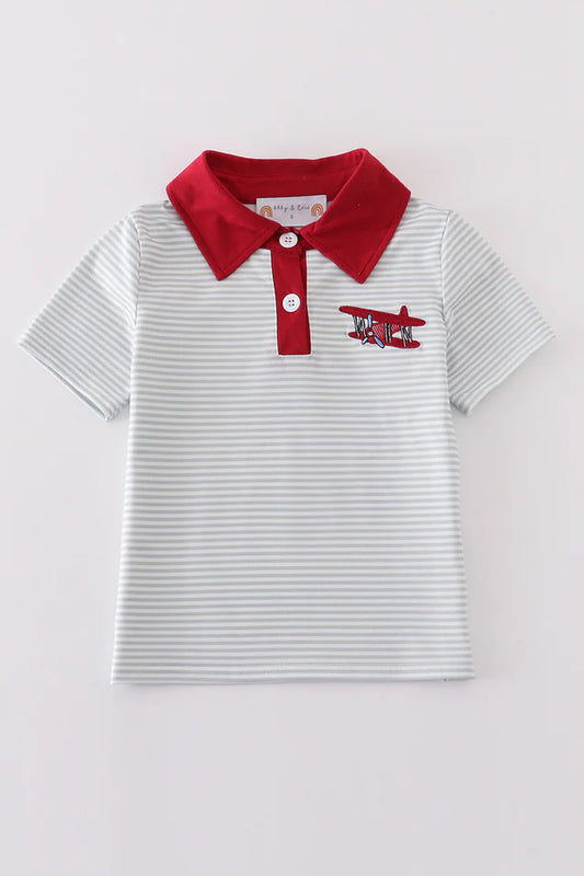 Striped Airplane Embroidered Button Up