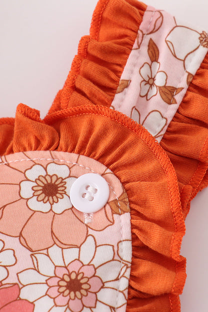 Orange Floral Print Girls Romper