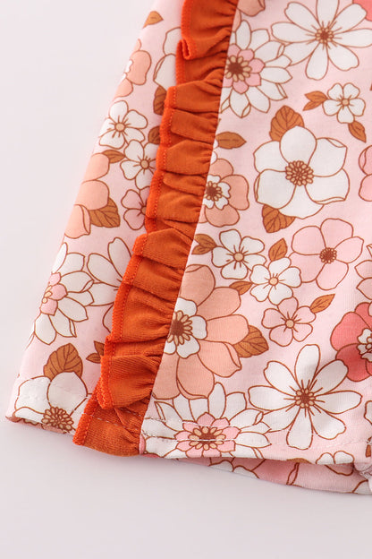 Orange Floral Print Girls Romper