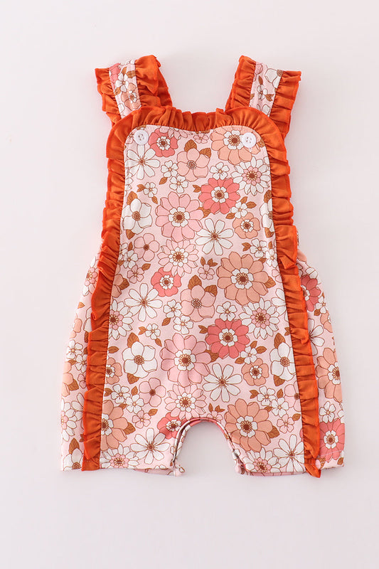 Orange Floral Print Girls Romper