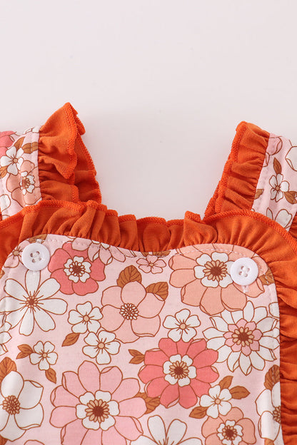 Orange Floral Print Girls Romper