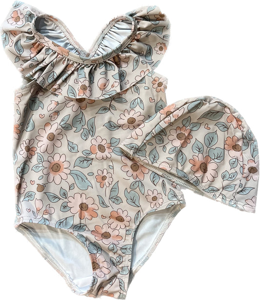 Floral Ruffle Backless One-Piece Swimsuit and Swim Cap - That's So Darling
