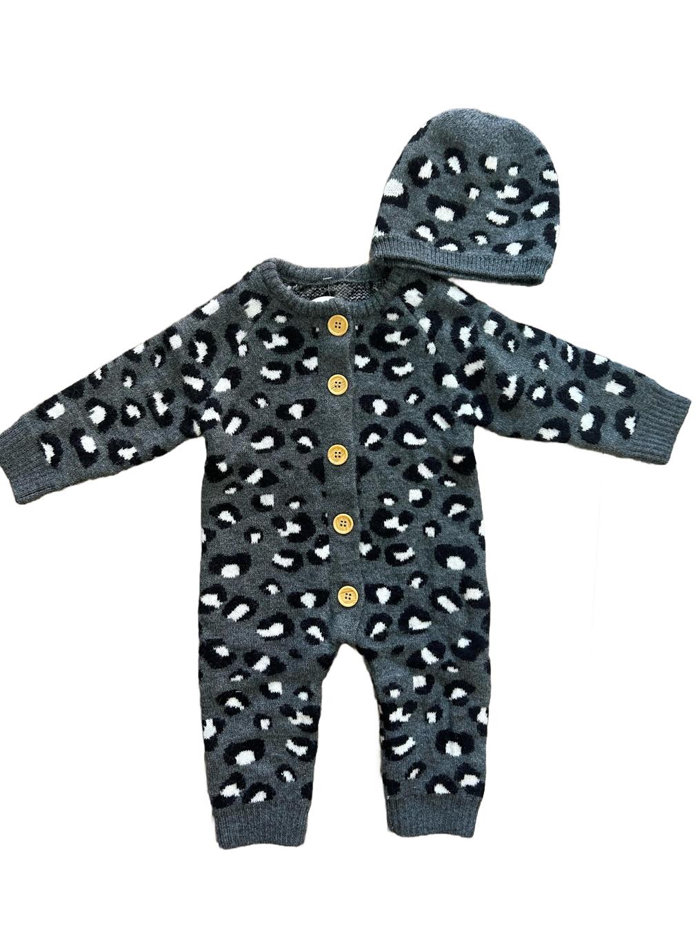 Grey Leopard Romper With Hat